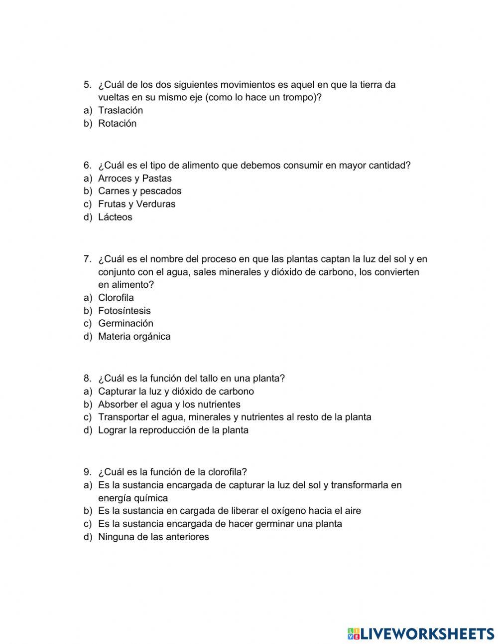 Prueba de diagnóstico 4°básico Ciencias Naturales