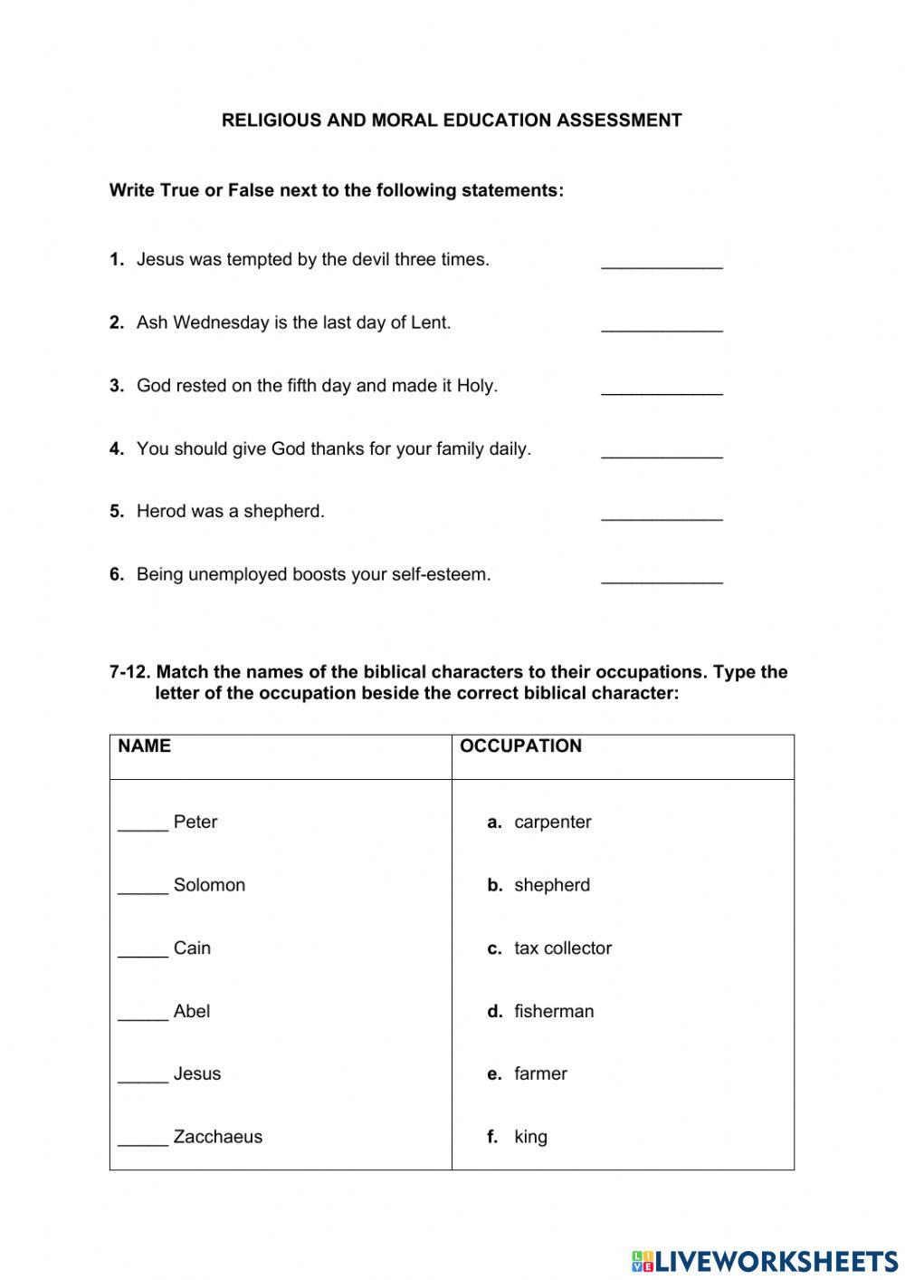 Religious and Moral Education Assessment - Term 2 2021