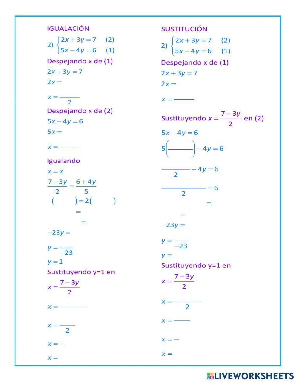 Sistemas lineales por igualación y sustitución