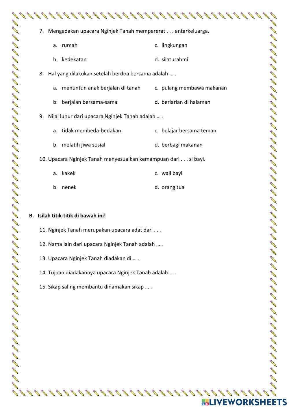 Latihan Soal PLBJ kelas 5-Upacara Adat Nginjak Tanah