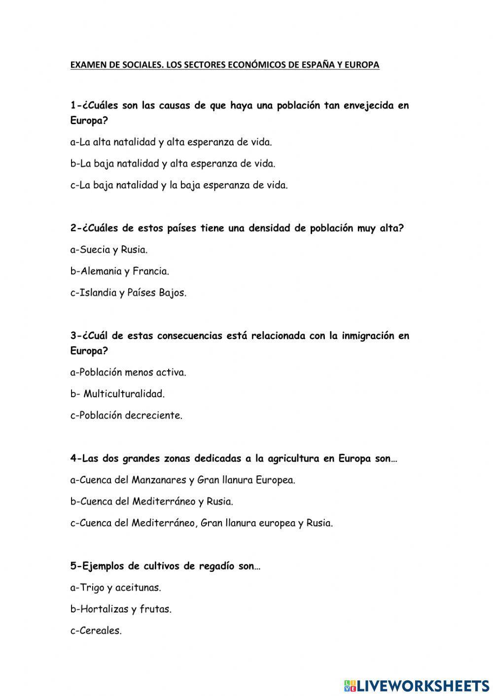 Examen sectores económicos europa y españa