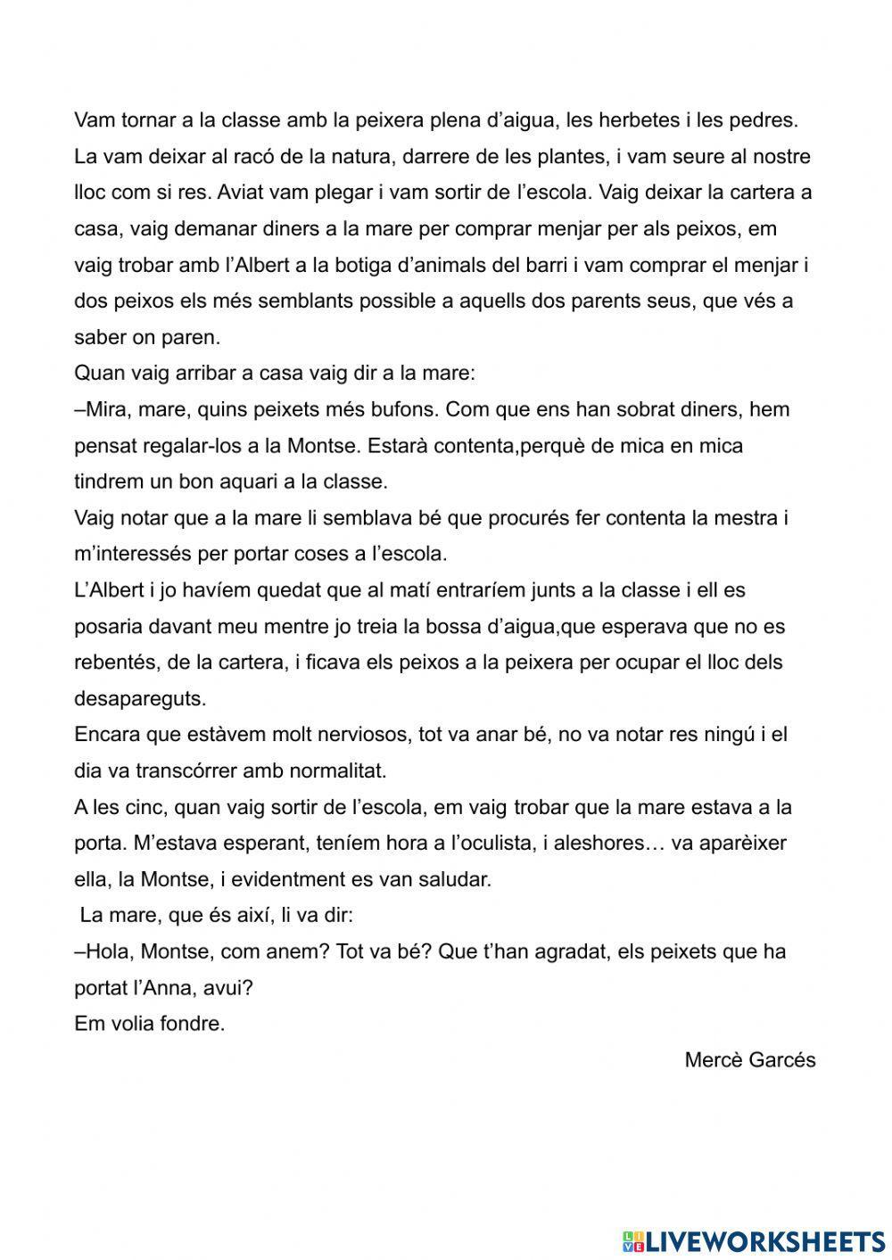 COMPRENSIÓ LECTORA: -ELS PEIXOS DE CLASSE-