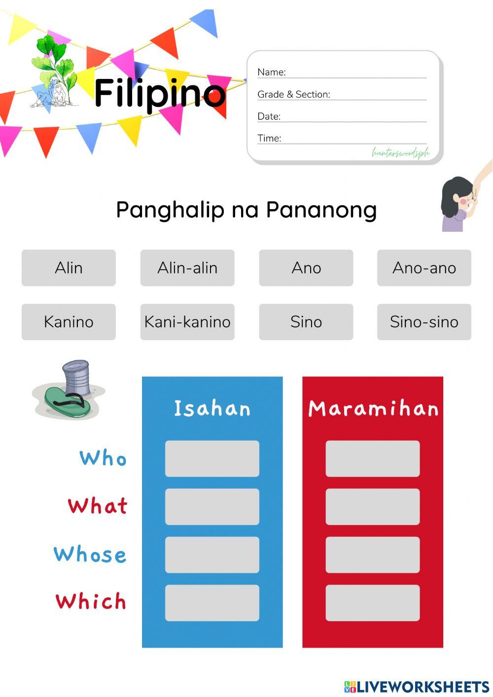 Panghalip na Pananong (HuntersWoodsPH Filipino Worksheet)