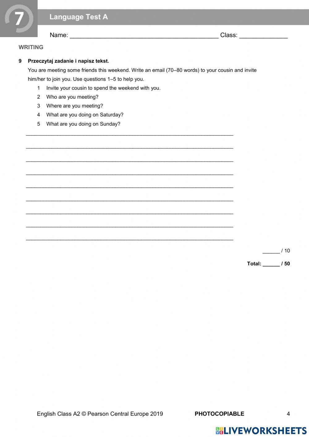 English Class A2 test unit 7