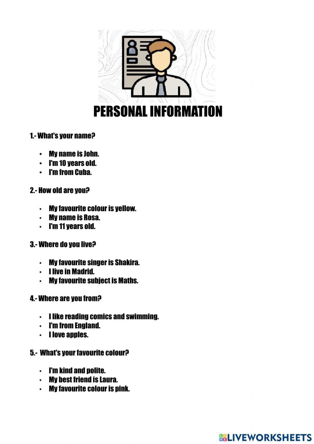 Personal Information online exercise for 3rd | Live Worksheets