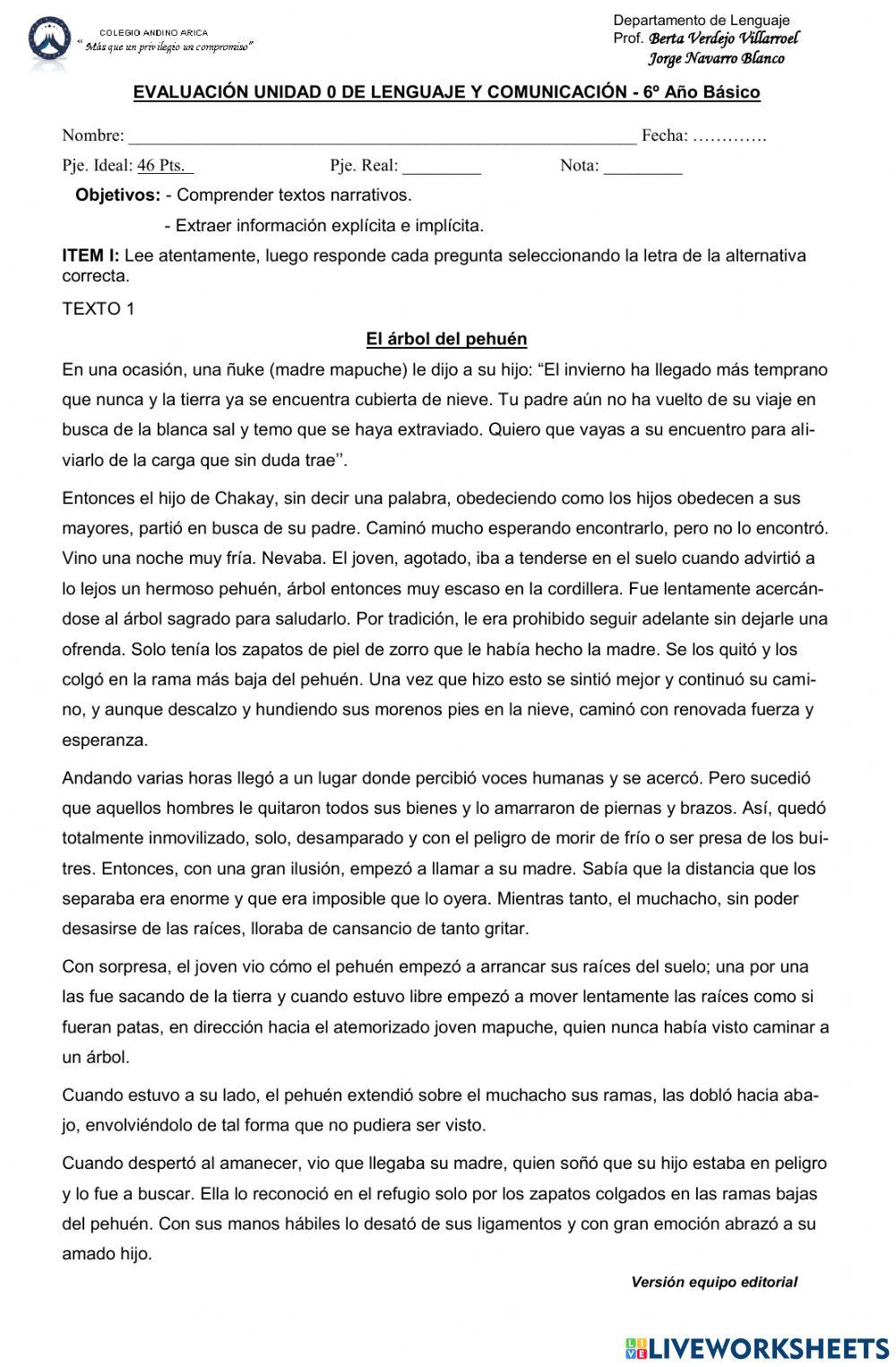 Evaluación Unidad 0 Lenguaje 6° básico