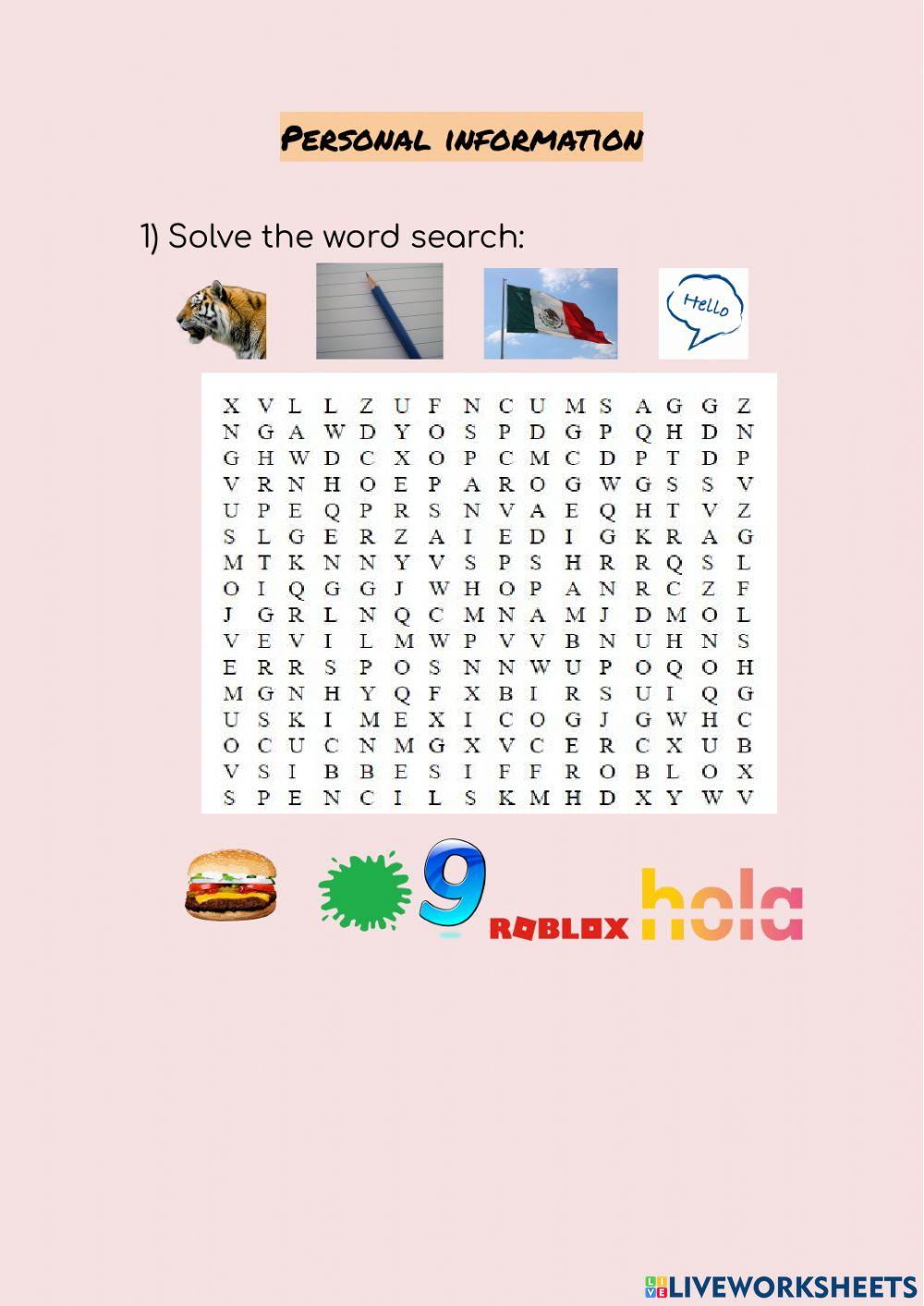 Personal Information Word search