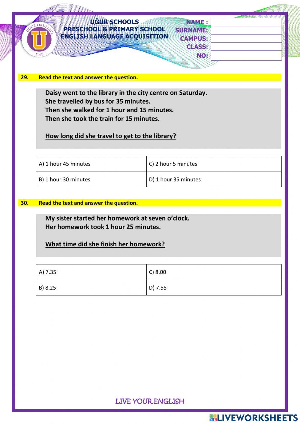 4th GRADE URT 3 PRACTICE SHEET