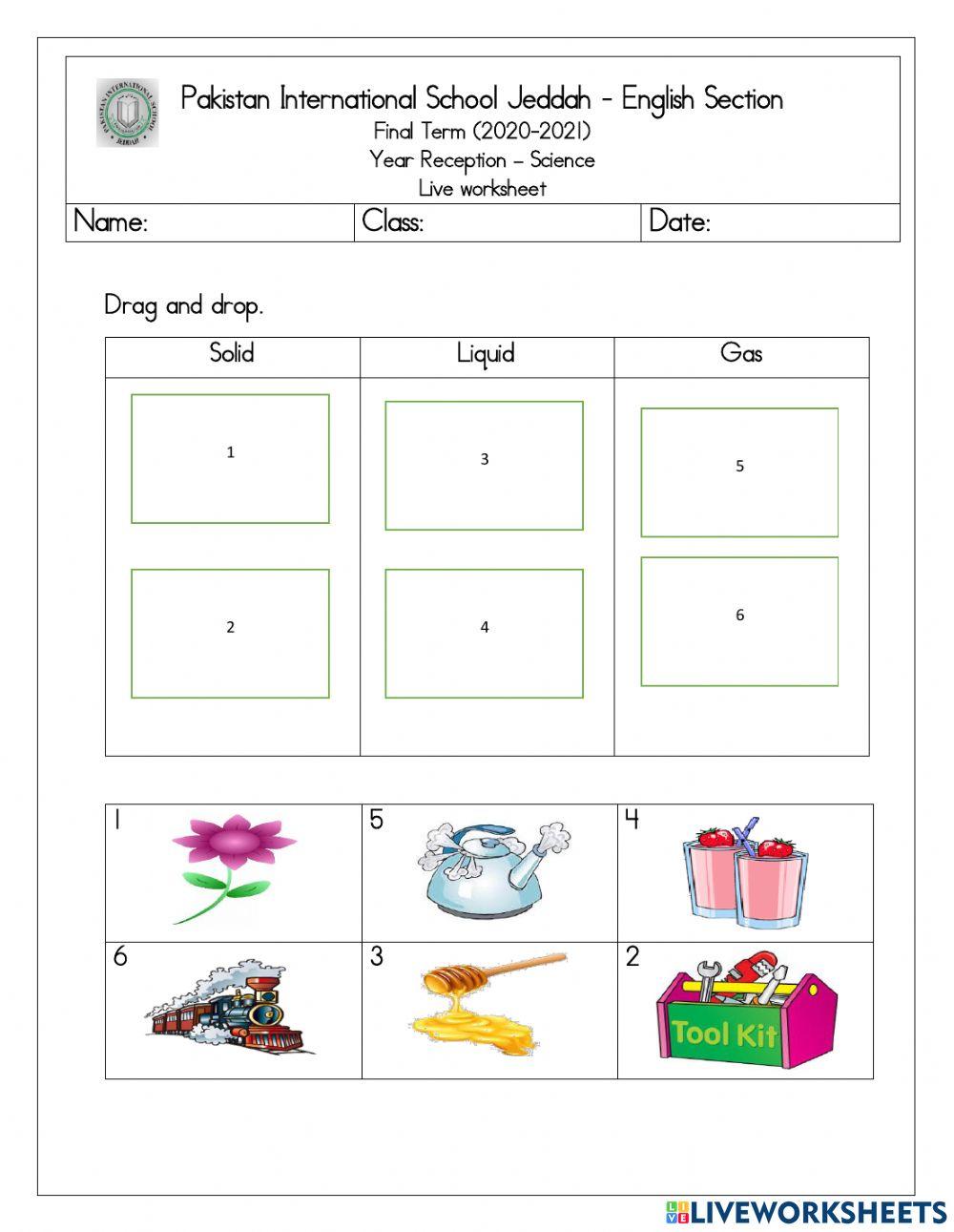 Science live worksheet states of matter