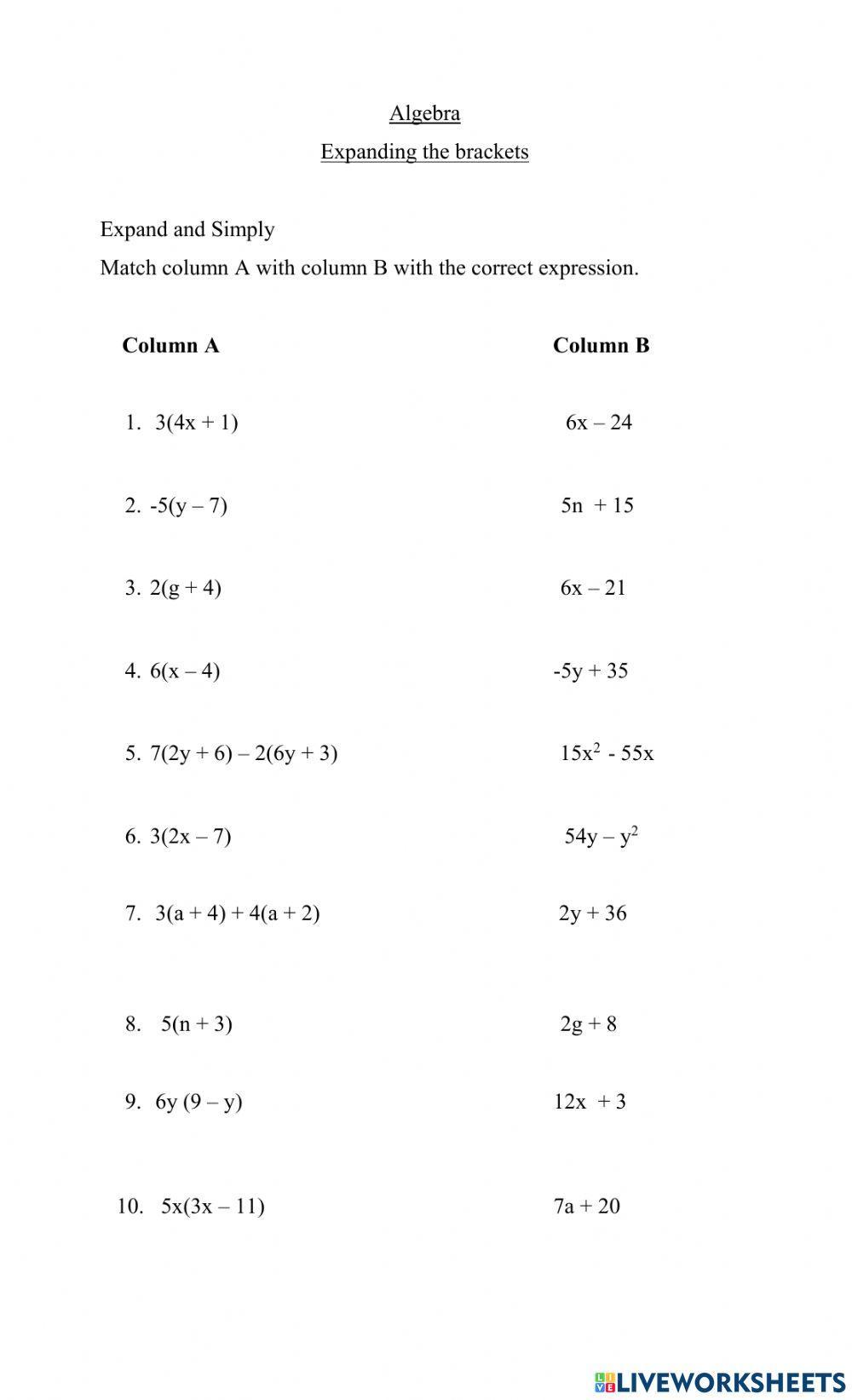 Expand the brackets and simplify expressions