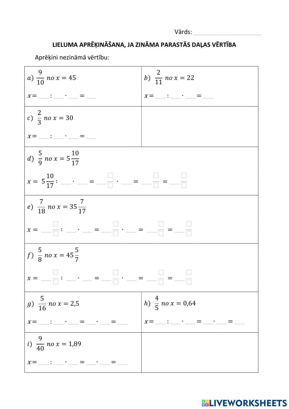 Lieluma aprēķināšana, ja zināma tā parastās daļas vērtība