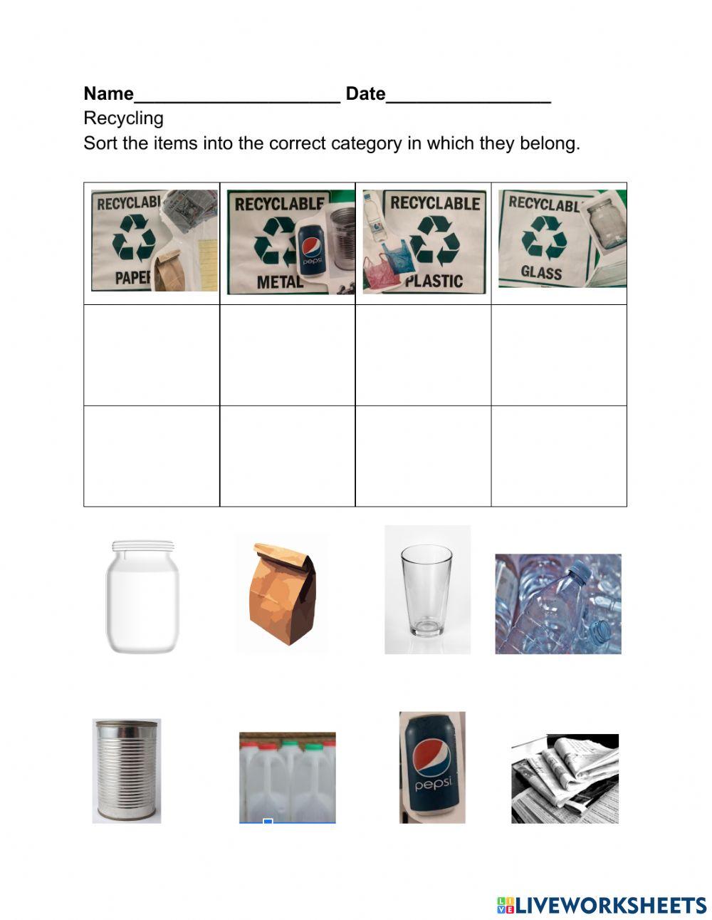 Recycling sorting interactive worksheet | Live Worksheets