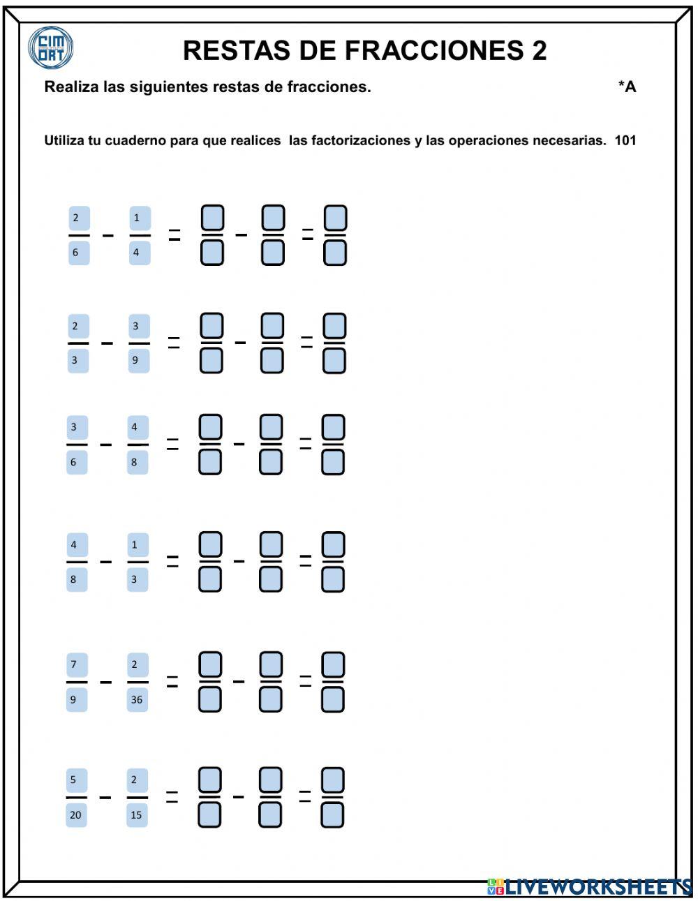 Restas de fracciones 2 a 101