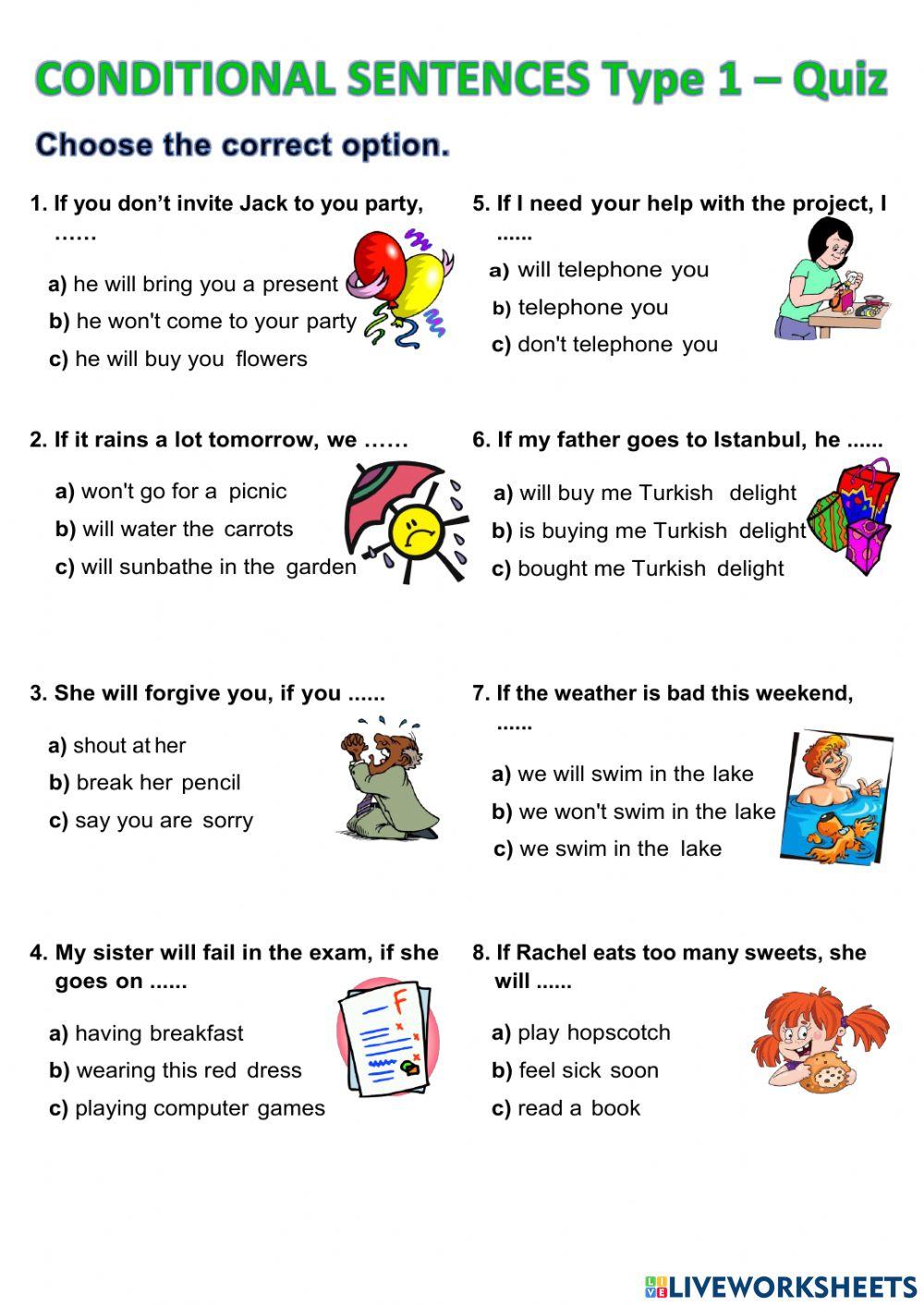 Conditional sentences type 1 quiz online exercise for live worksheets