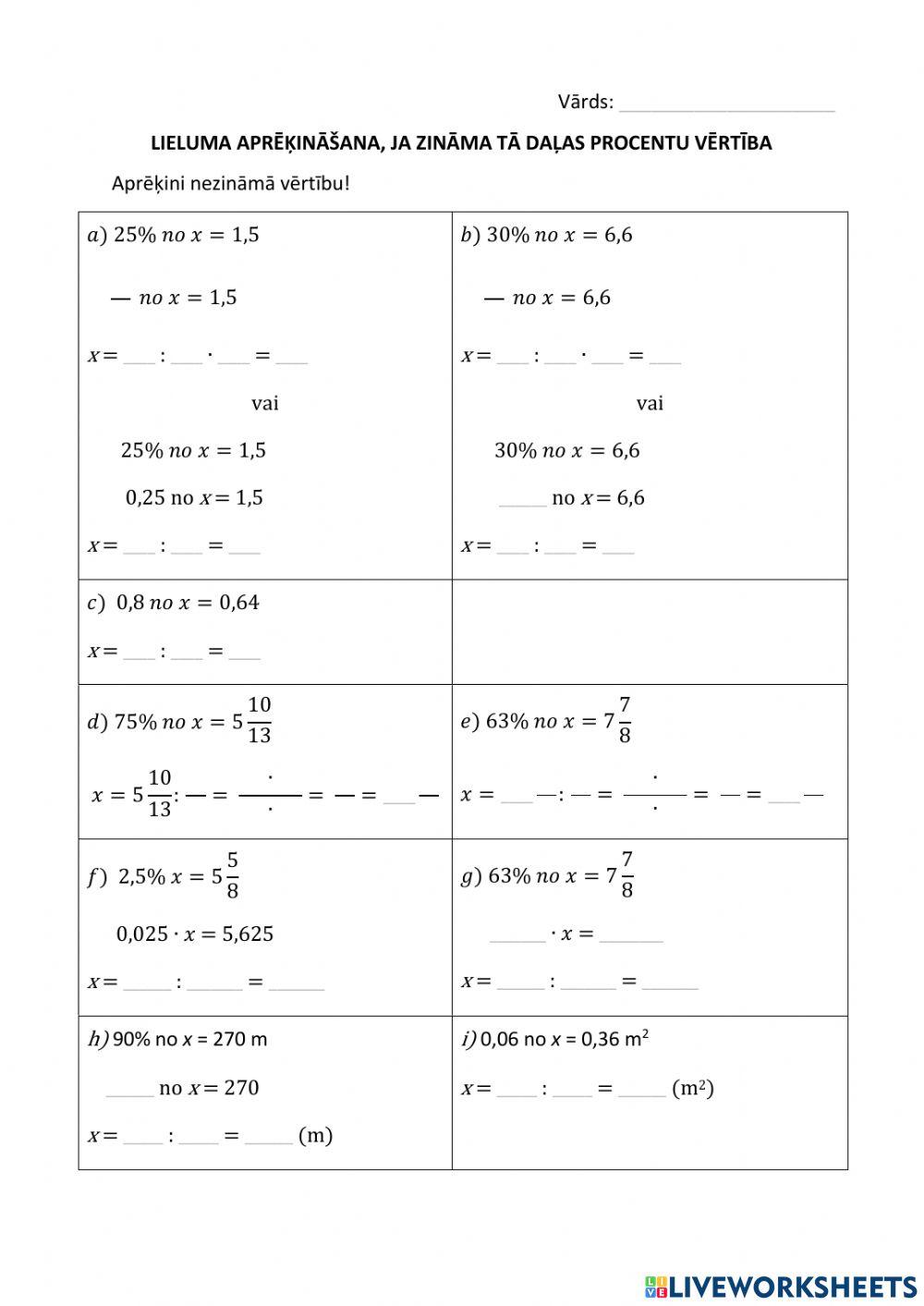 Lieluma aprēķināšana, ja zināma tā daļas procentu vērtība