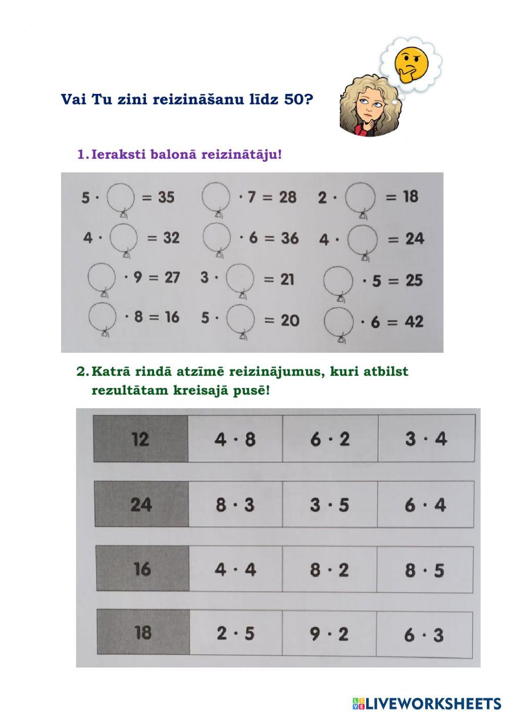 Vai Tu proti reizināšanu līdz 50?