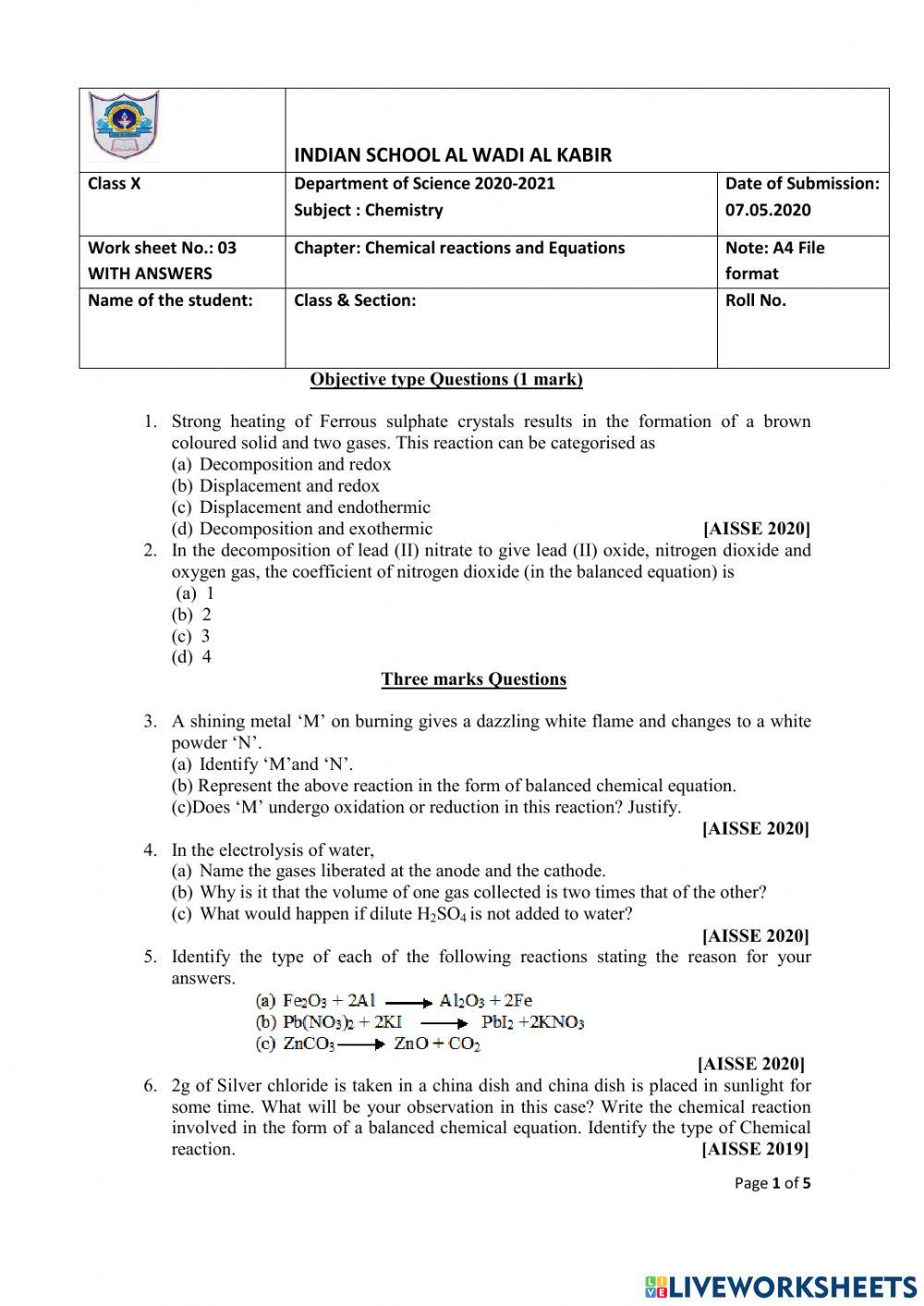 Class 10 -science-chemistry- chemical reactions and equations -ws -jenesha