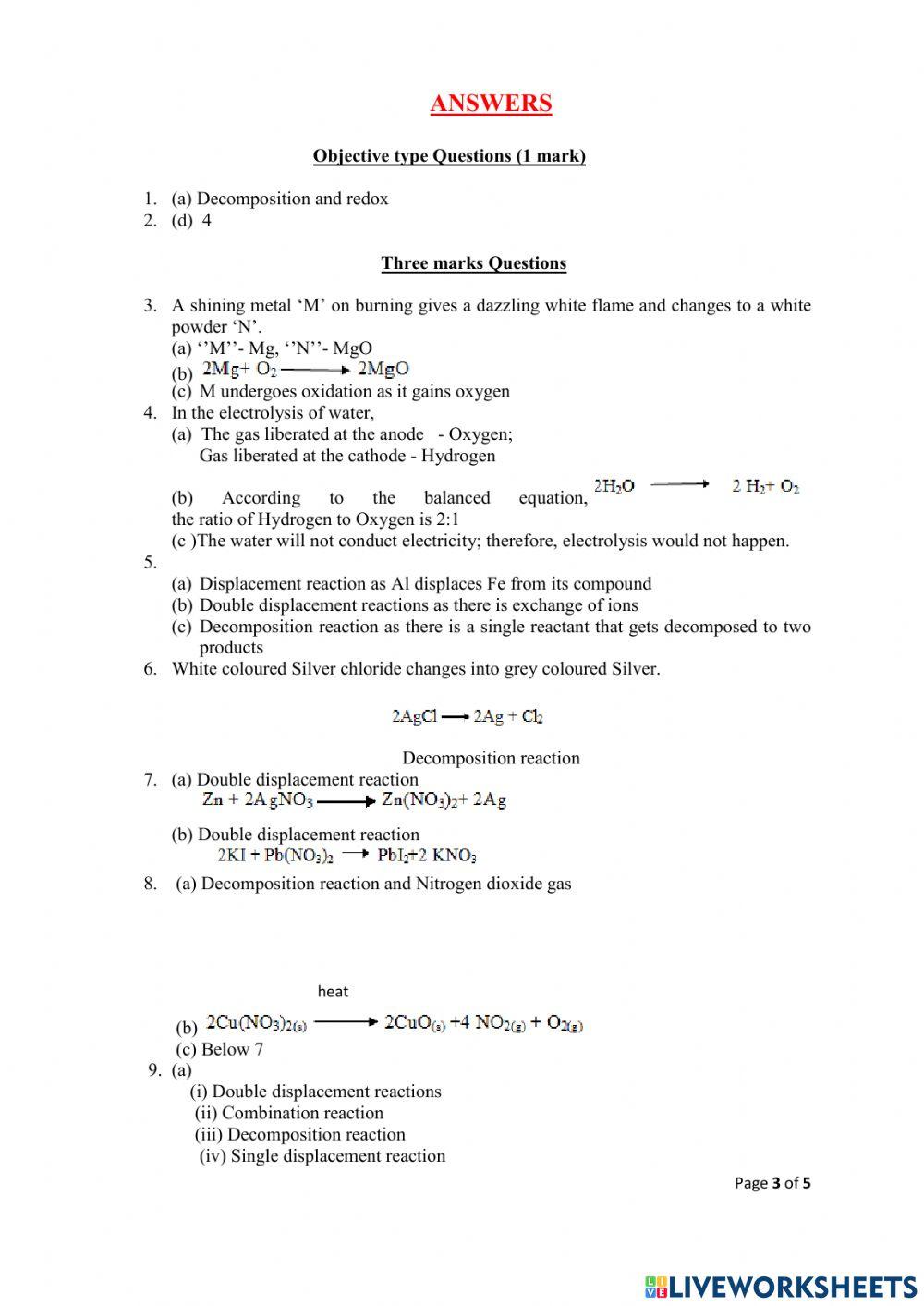 Class 10 -science-chemistry- chemical reactions and equations -ws -jenesha