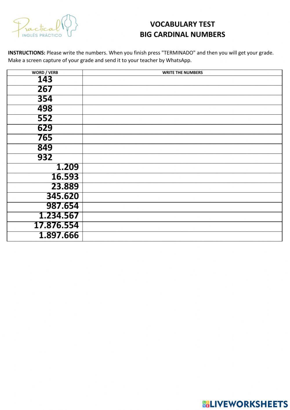 Vocabulary test - big cardinal numbers
