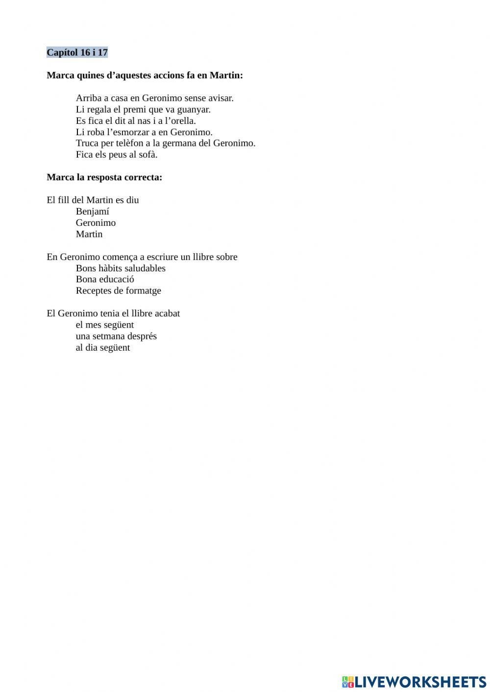 Comprensió lectora Geronimo Stilton - Un rat educat no es tira petarrots Cap.16 i 17