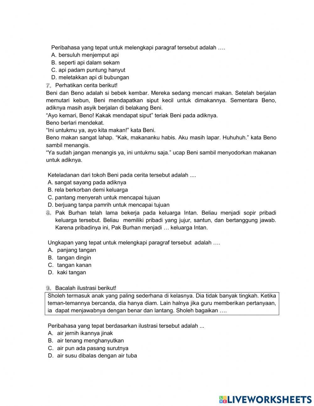 Soal BI Menentukan keteladanan tokoh cerita dan melengkapi kalimat dengan istilah ungkapan peribahasa