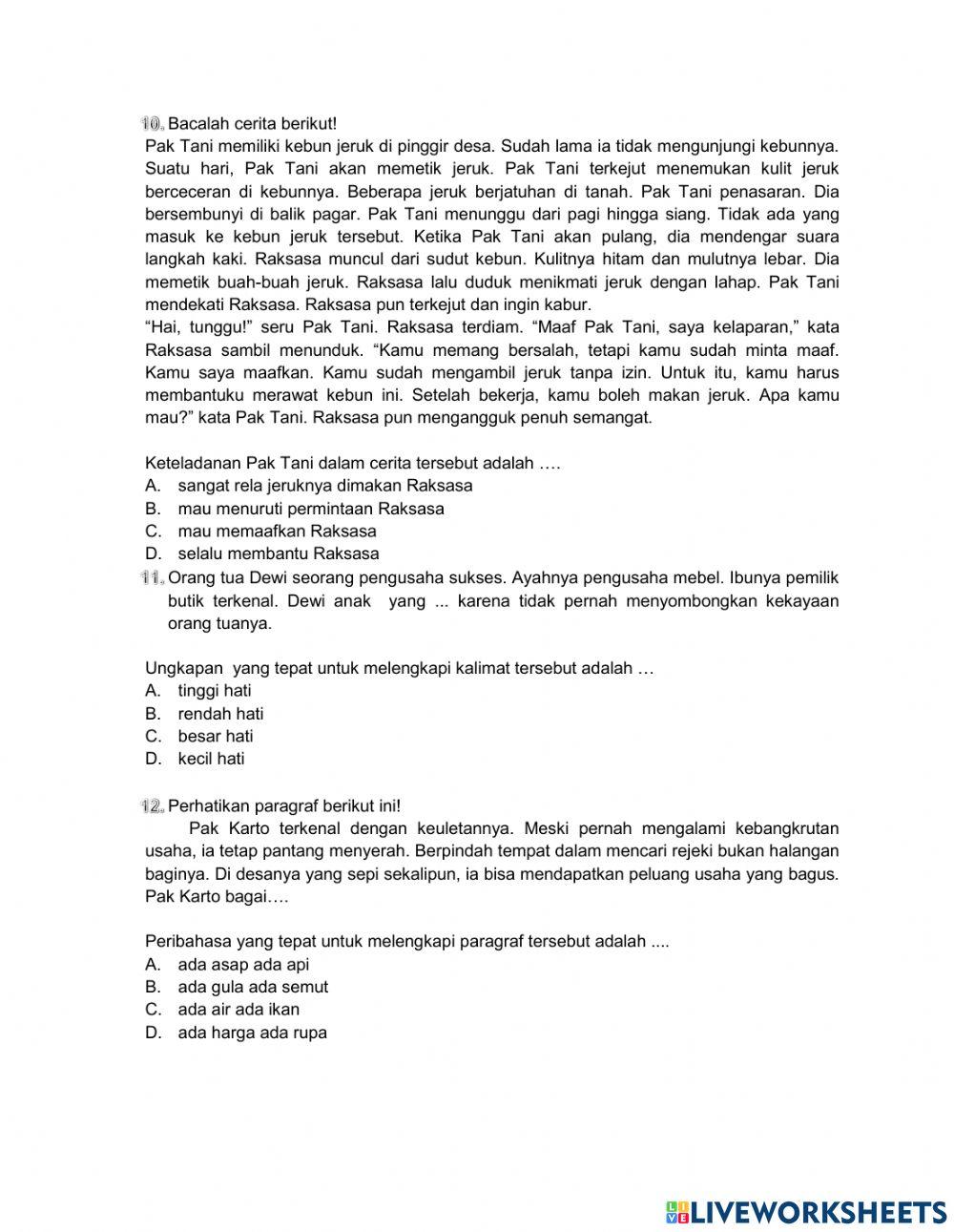 Soal BI Menentukan keteladanan tokoh cerita dan melengkapi kalimat dengan istilah ungkapan peribahasa