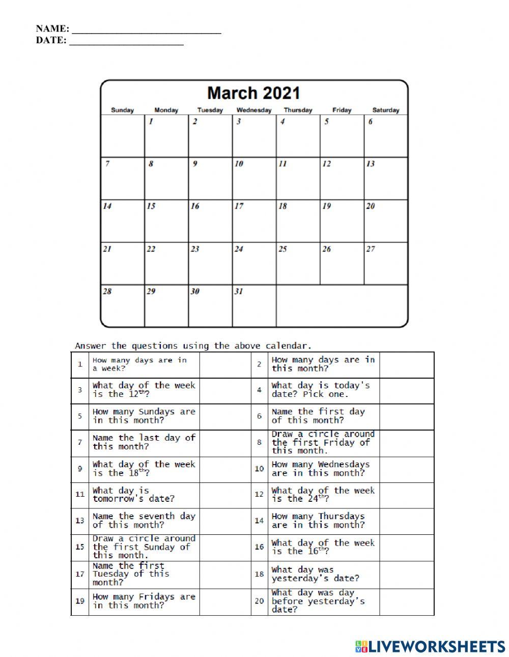 Calendar math - march 2021