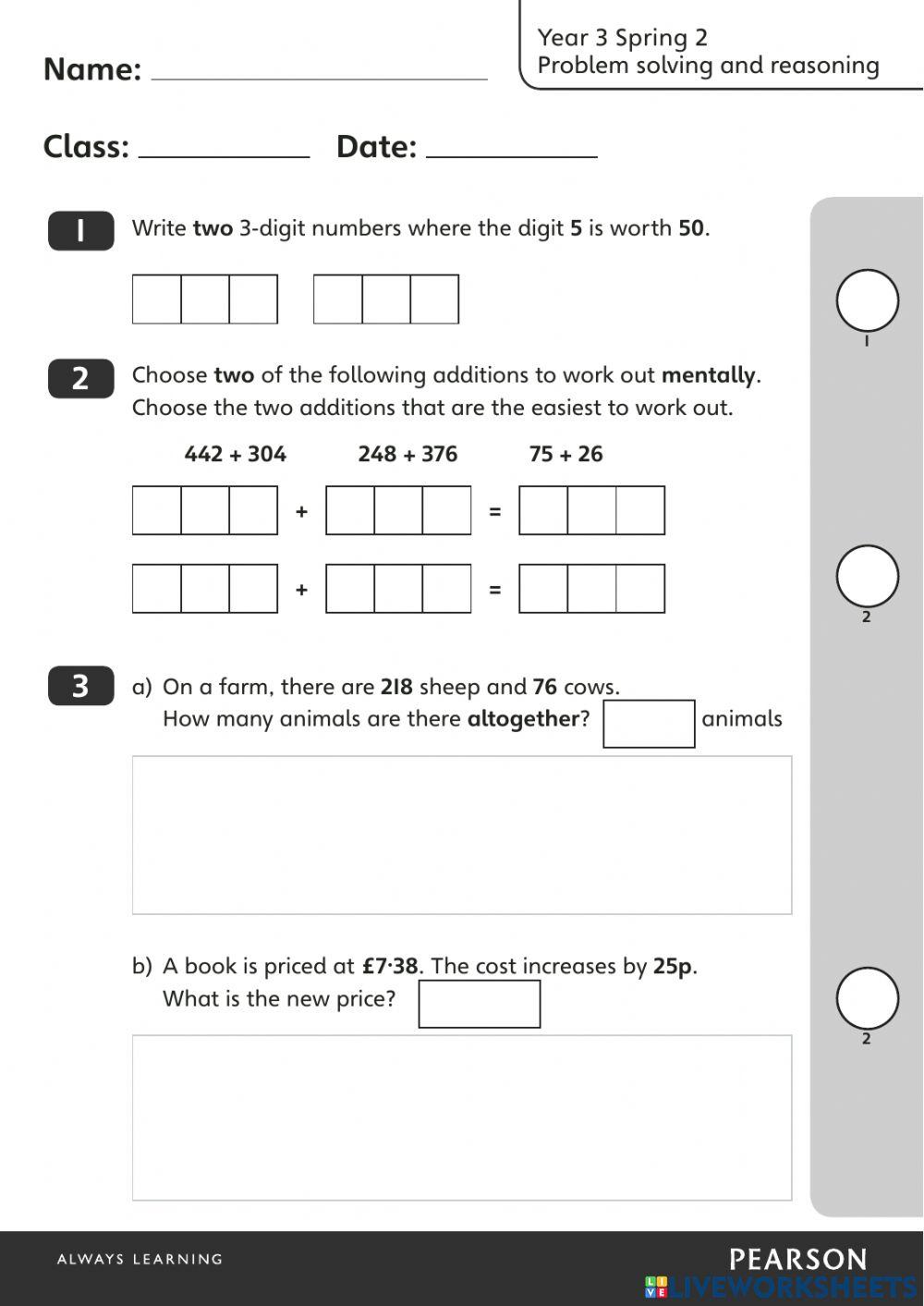 Year 3 Spring 2 Problem solving and reasoning
