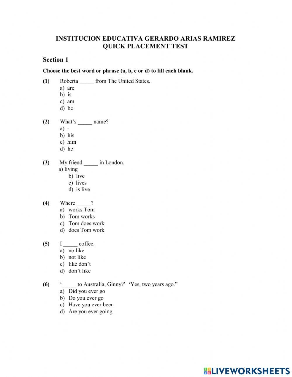 Placement test online activity for ELEMENTAL | Live Worksheets