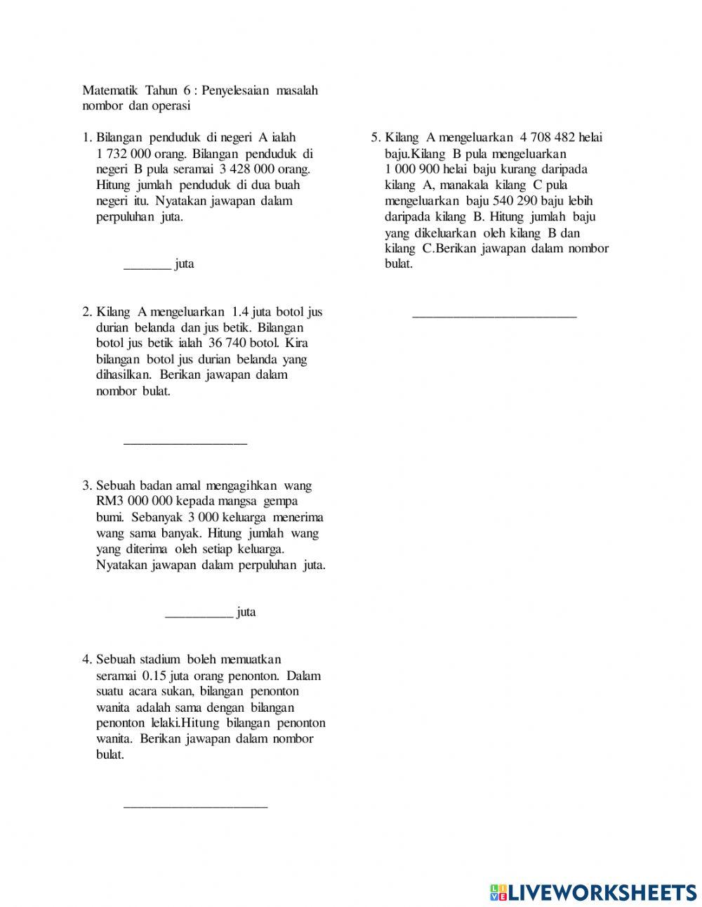 Matematik Tahun 6 : Masalah Nombor dan Operasi