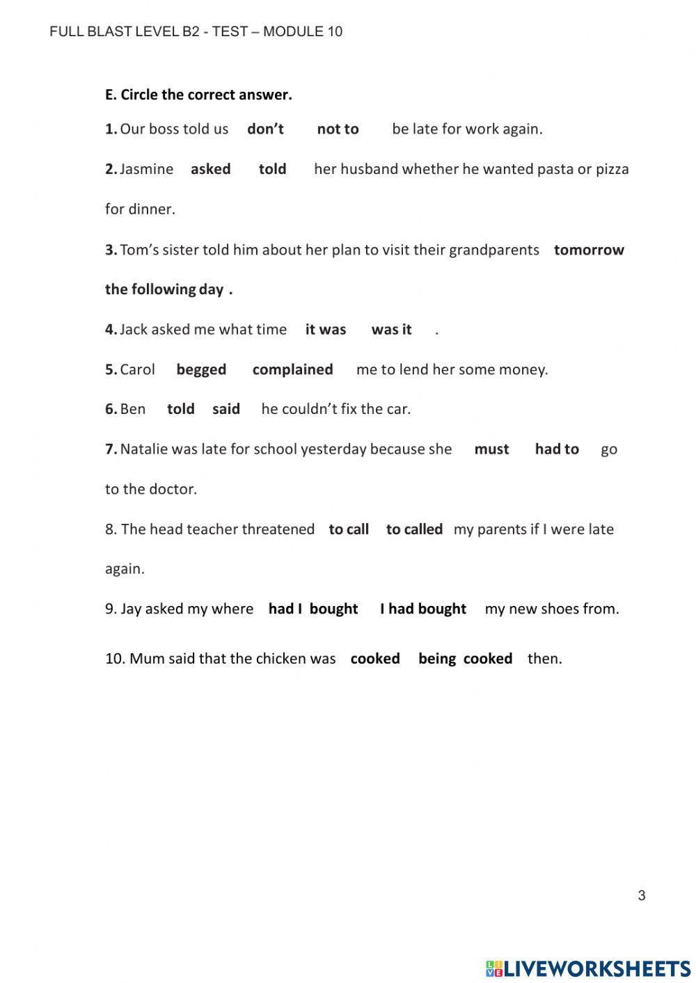 Module 10 test worksheet | Live Worksheets