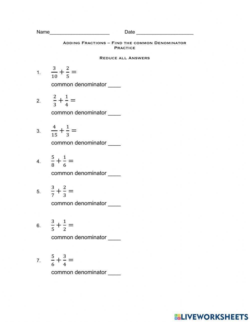 Find Common Denominator online exercise for Live Worksheets