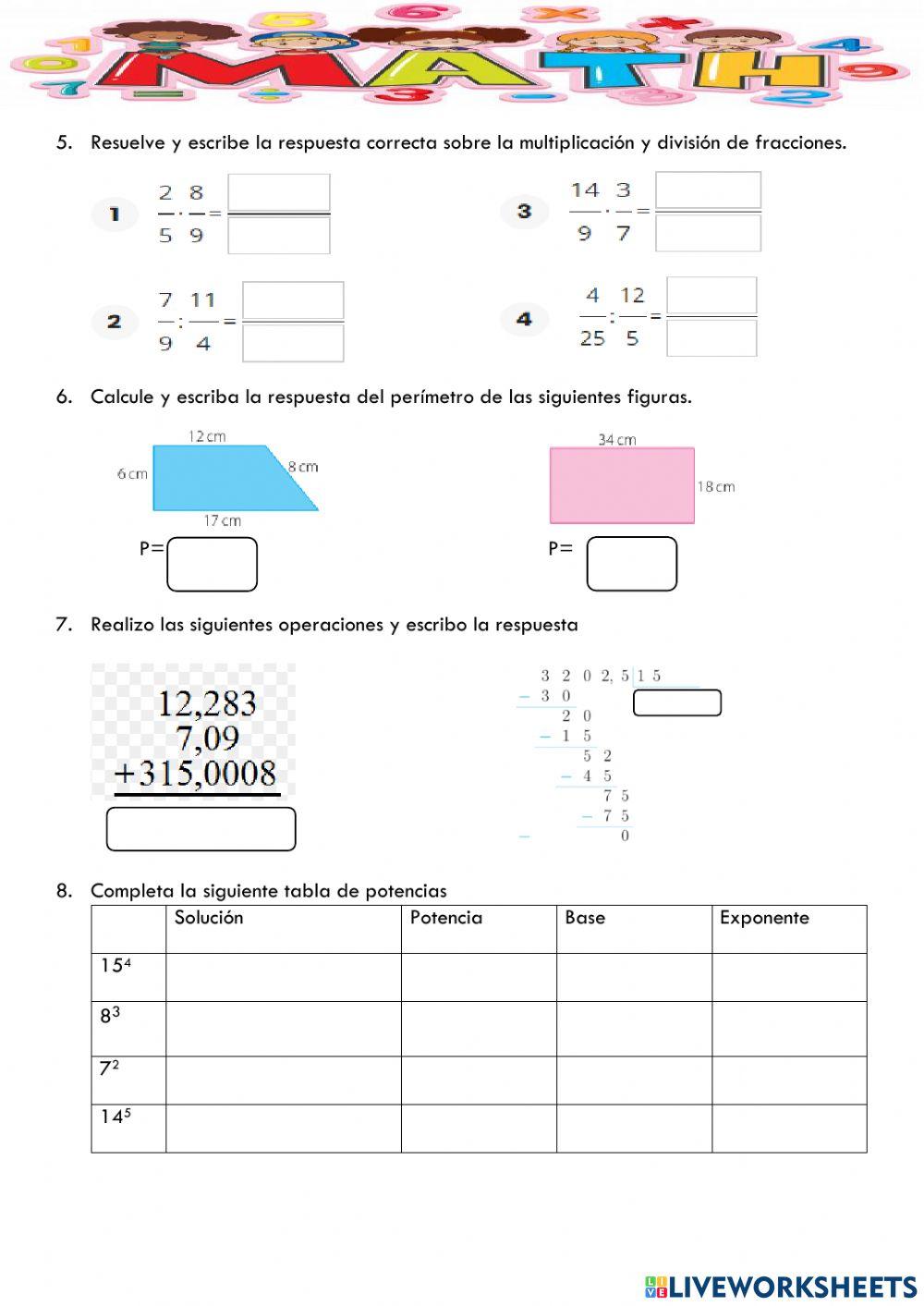 Actividad matematica sexto