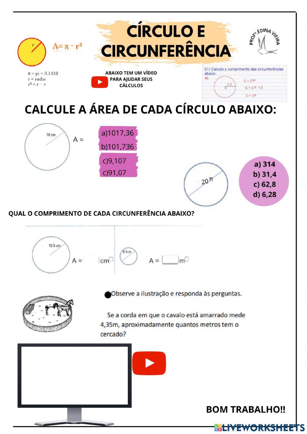 Área e comprimento círclo e circunferência