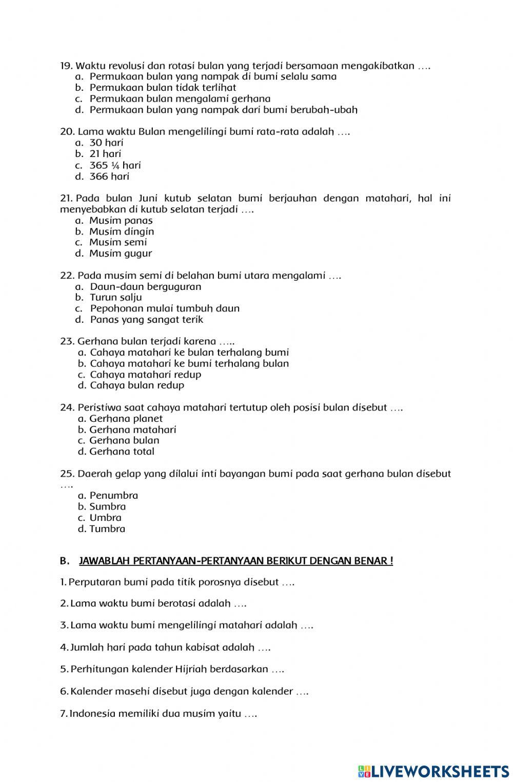 Latihan Soal IPA Pergerakan Bumi dan Bulan