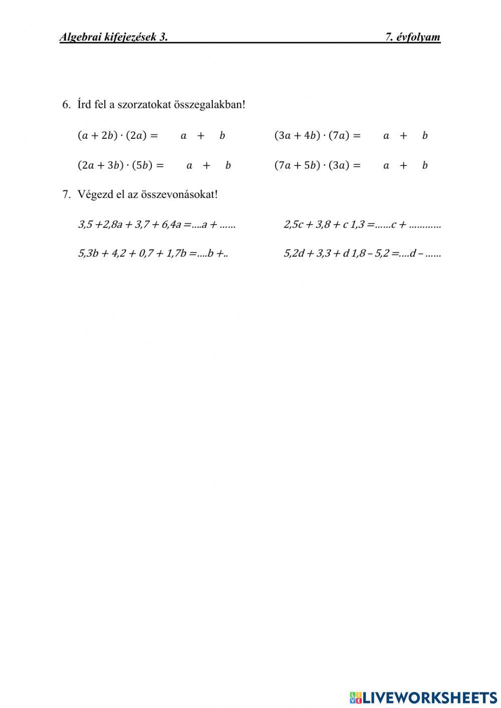 Algebrai kifejezések 3.