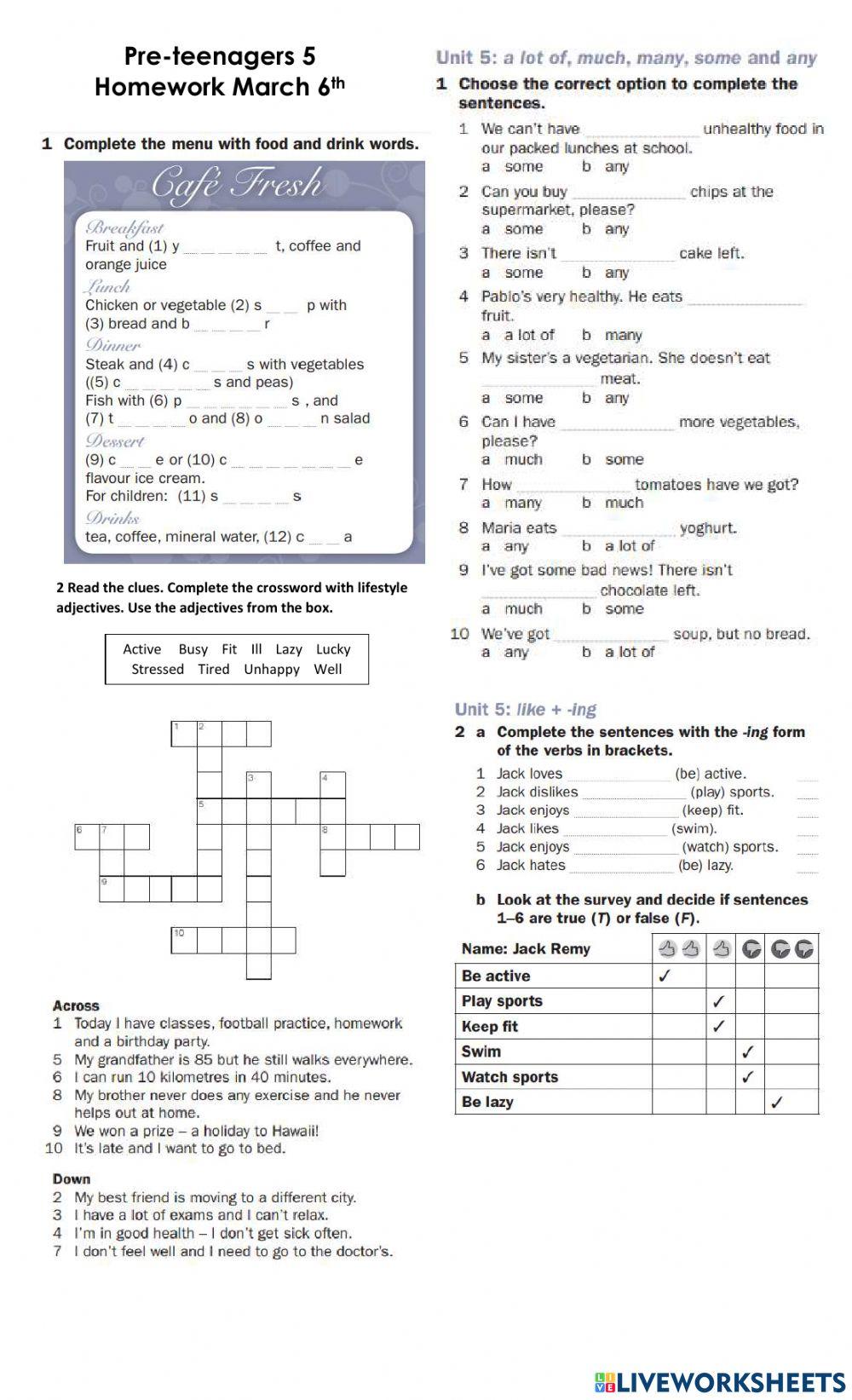Quantifiers - Lifestyle adjectives - food and drink - like + ing