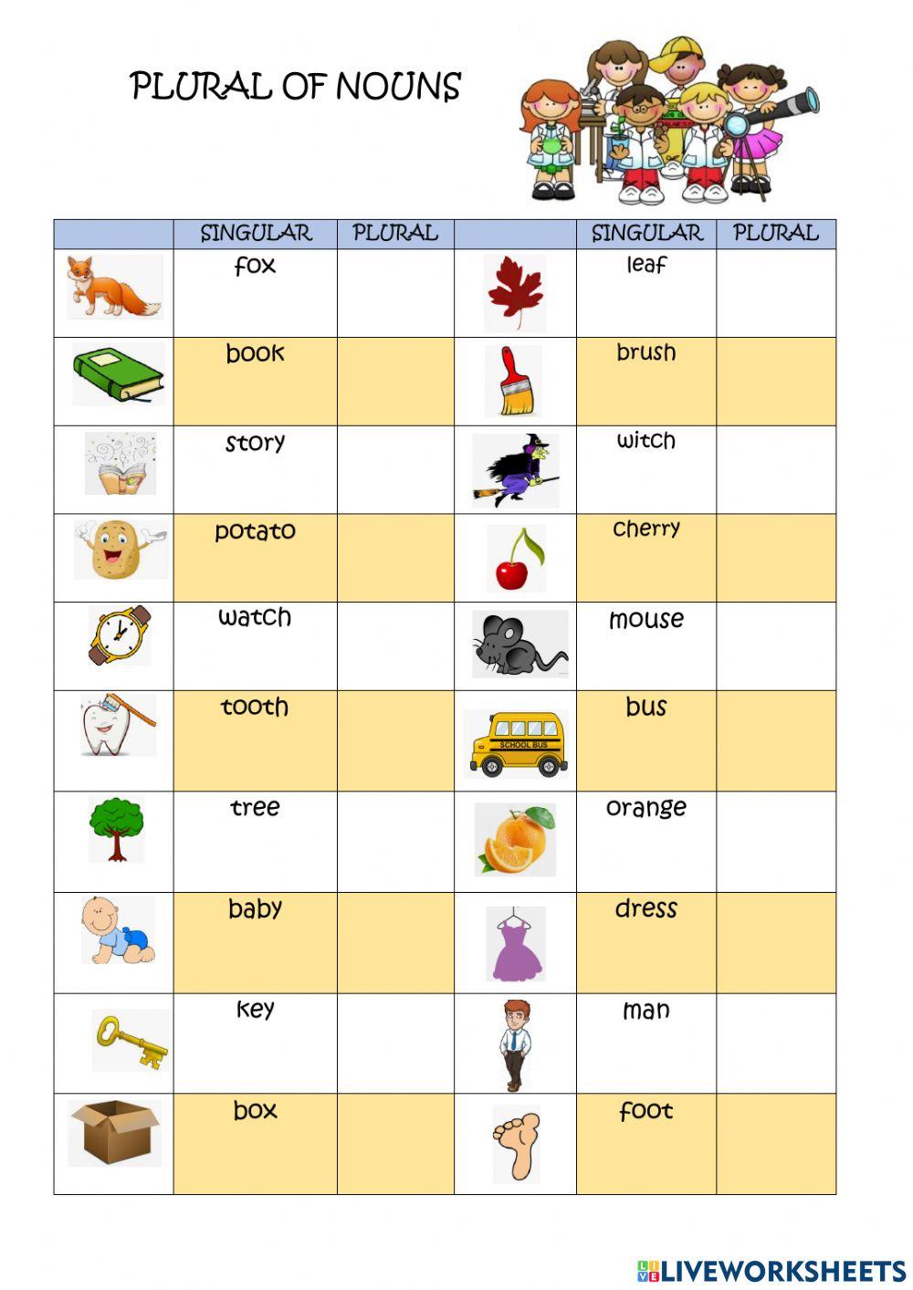 Plural of nouns online pdf exercise | Live Worksheets