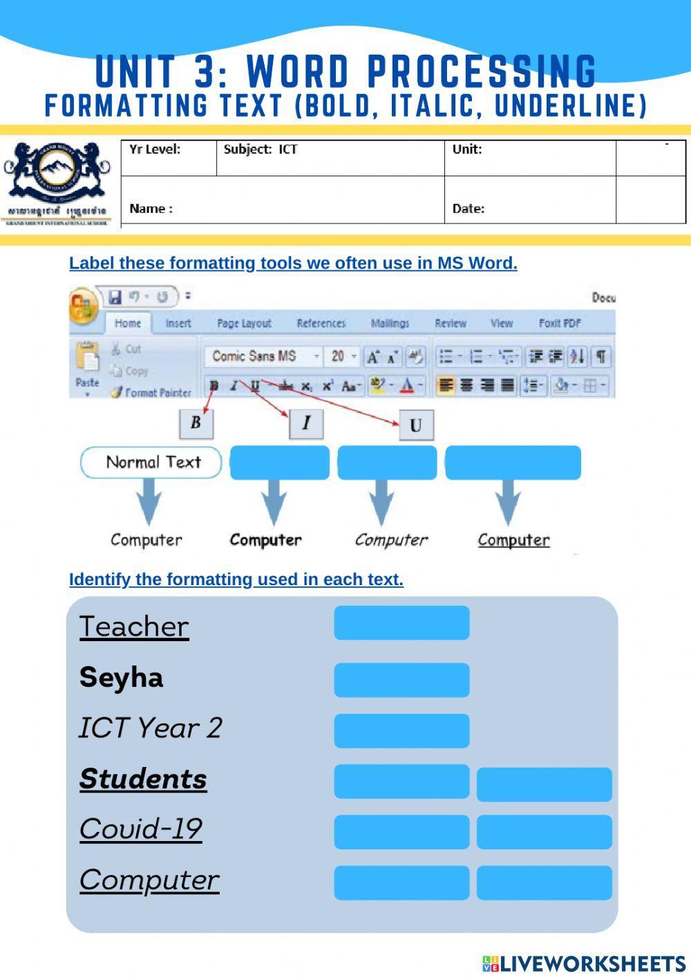 Word Processing: Formatting Text (B, I, U)