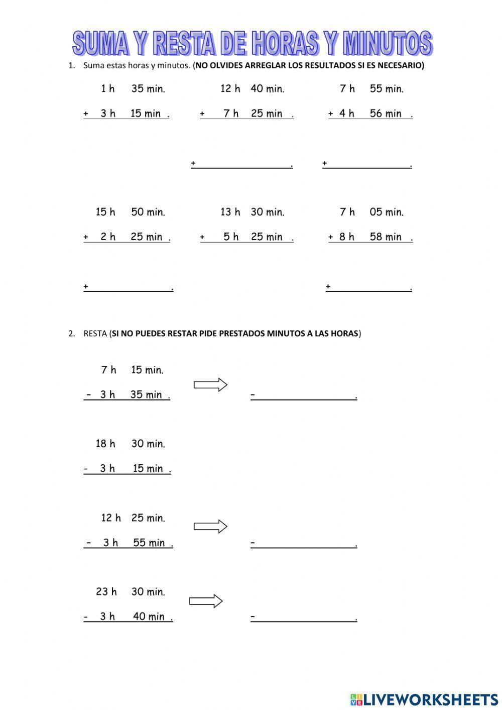 SUMA Y RESTA DE MINUTOS Y HORAS 4º PRIMARIA