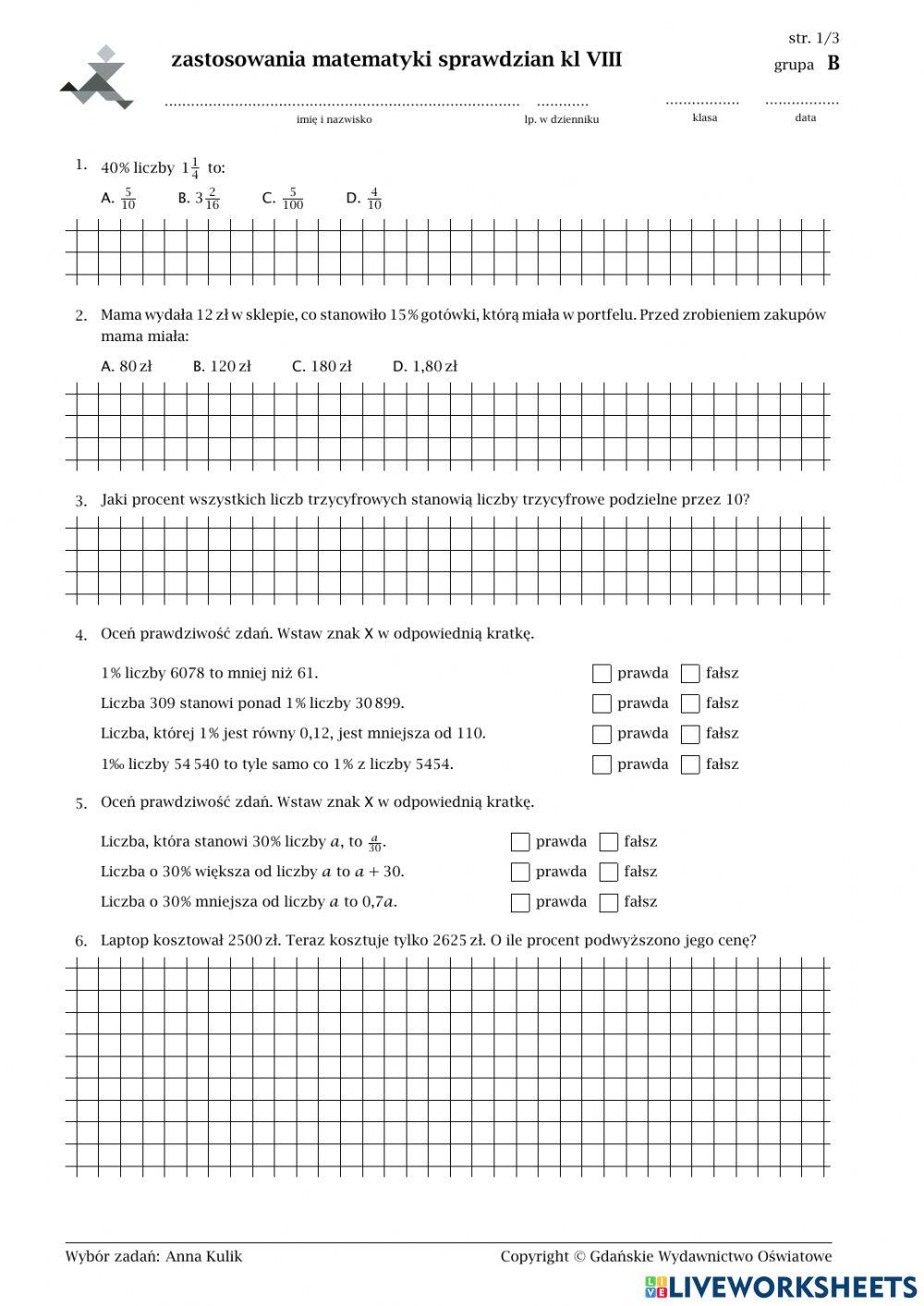 Sprawdzian Diagnozujący Z Matematyki Klasa 3 4820927 | zastosowania matematyki, sprawdzian kl. 8