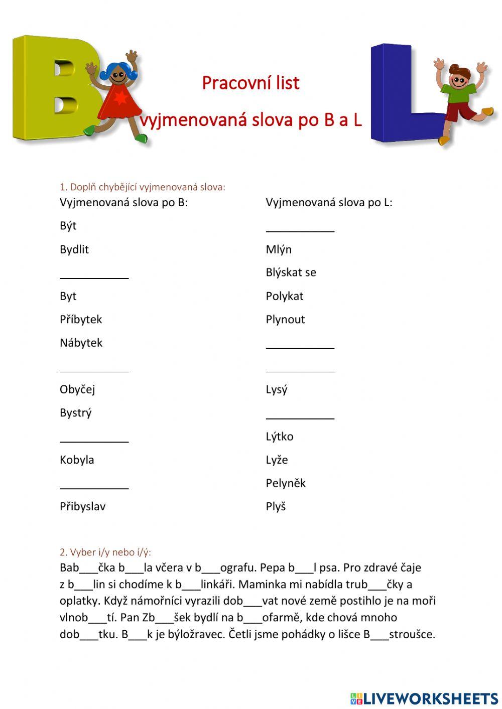 Pracovní list - vyjmenovaná slova po B a L