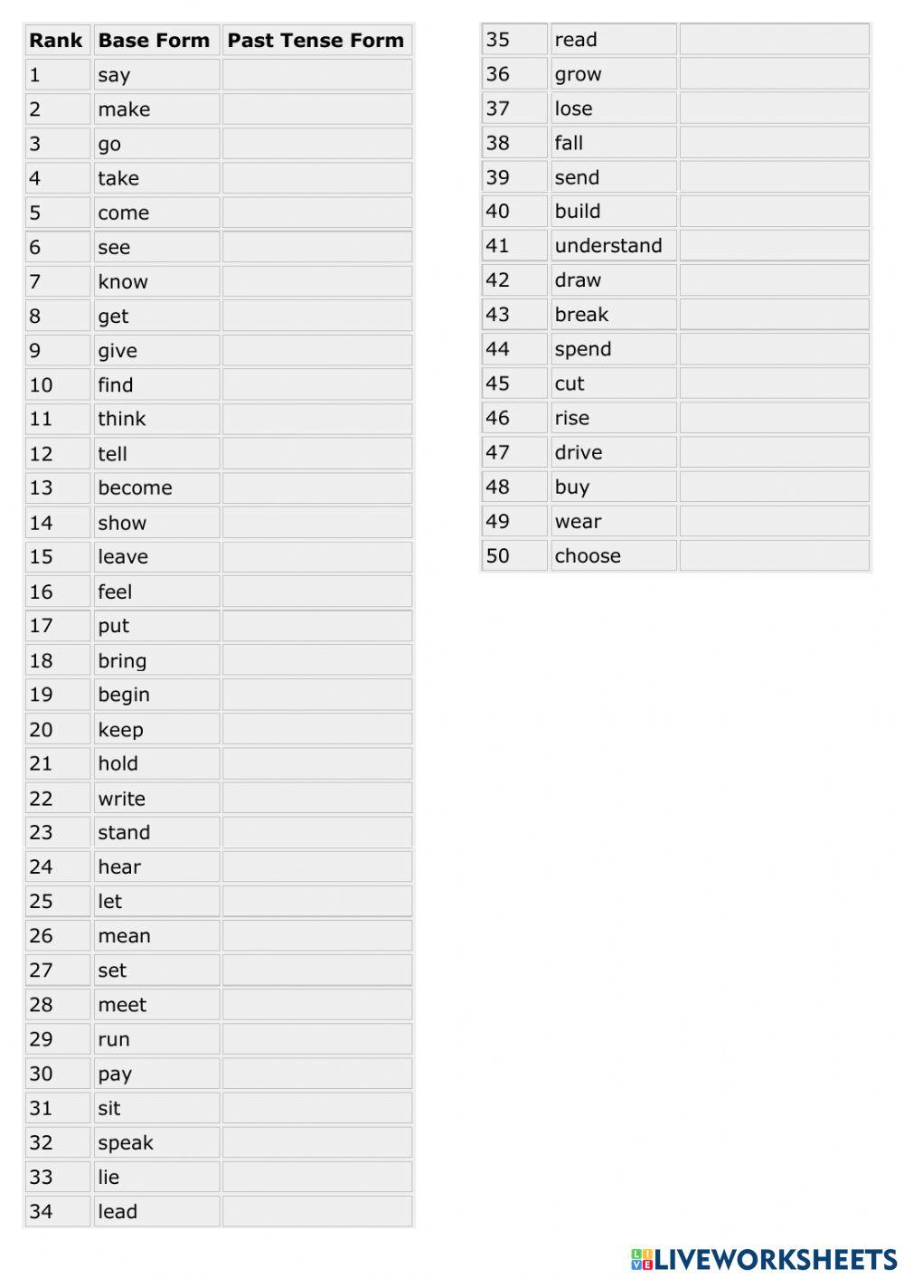 Irregular past verbs