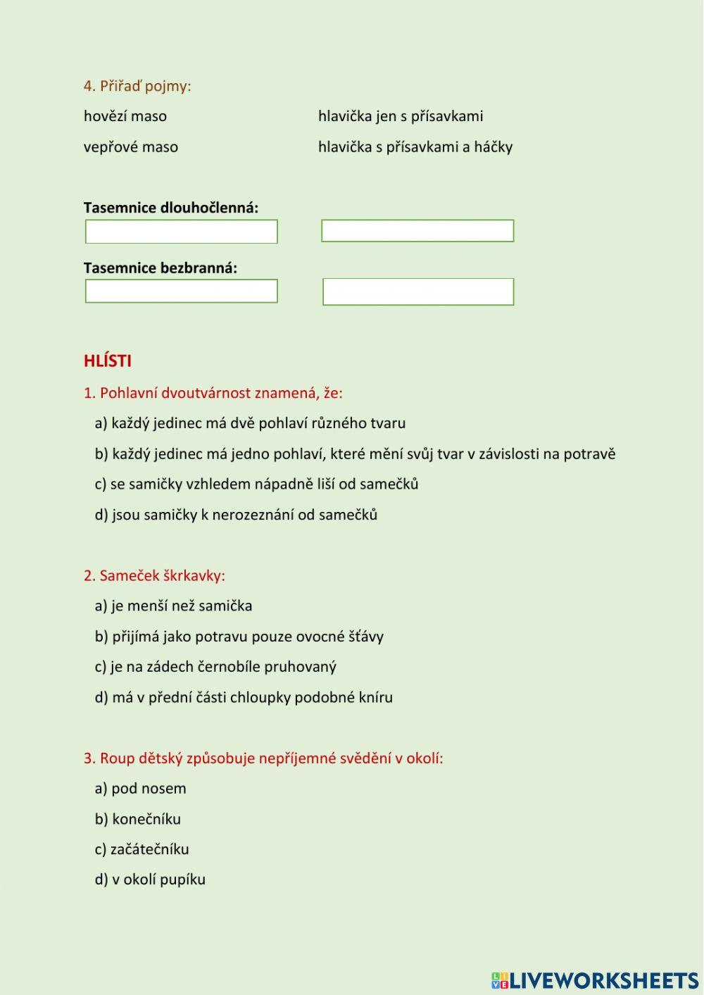Test - prvoci, žahavci, ploštěnci, hlísti- 6.ročník