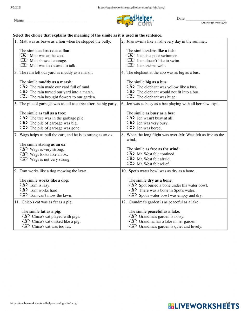 Similes Edhelper Free Interactive Worksheets 6456340