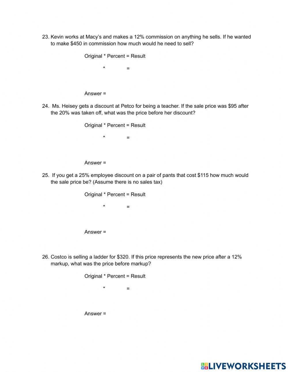 Percent exercise | Live Worksheets