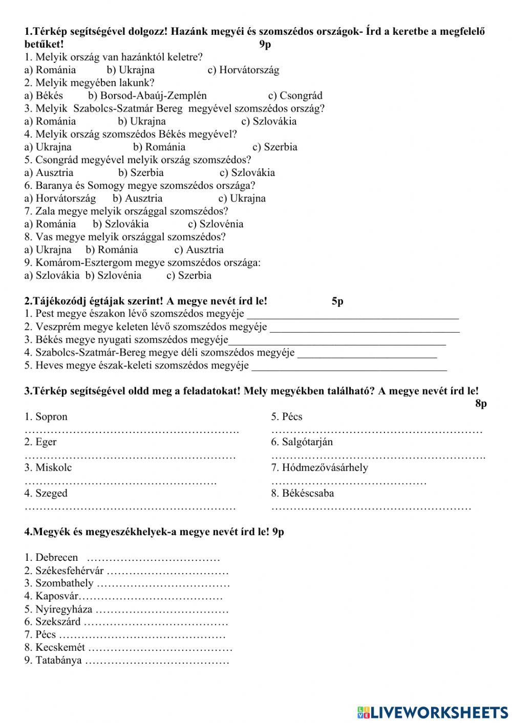 Hazánk megyéi, szomszédos országok, települések