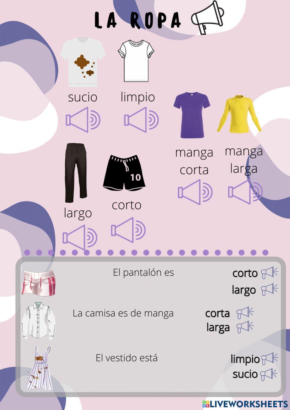 La ropa (sucio, limpio, largo, corto)
