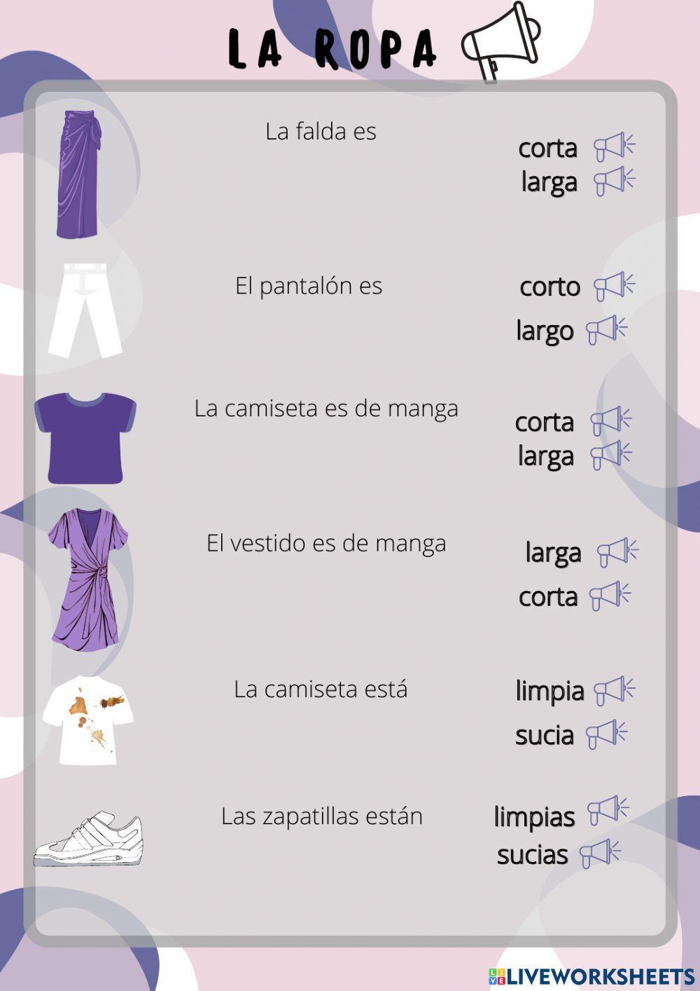 La ropa (sucio, limpio, largo, corto)