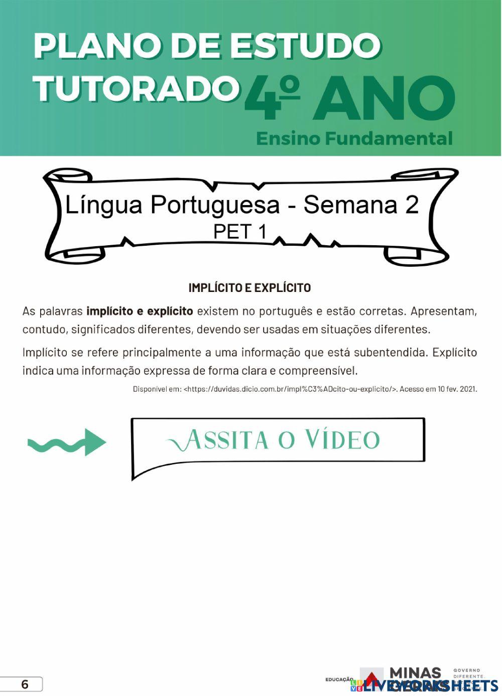 Língua portuguesa - pet 1 - semana 2